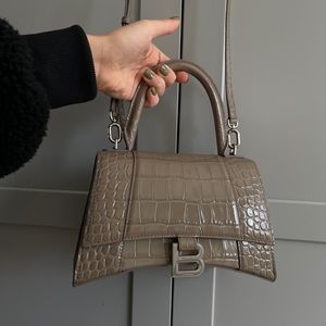 Balenciaga Top-Handle Hourglass Crocodile Embossed Small Handbag Taupe Mink Grey